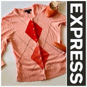 Express Cashmere Blend Peach Argyle Cardigan EUC